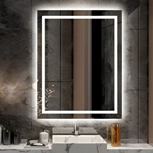 80x60 cm Beyaz Ledli Kumlamalı Banyo Lavabo Ofis Makyaj Kuaför Aynası - Trafolu