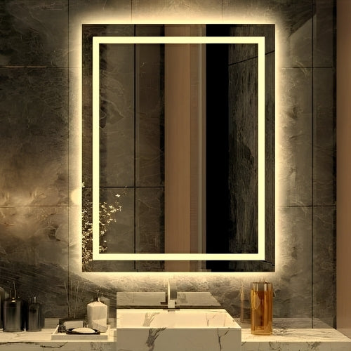90x70cm Günışığı Ledli Kumlamalı Banyo Ofis Kuaför Lavabo Aynası - Trafolu