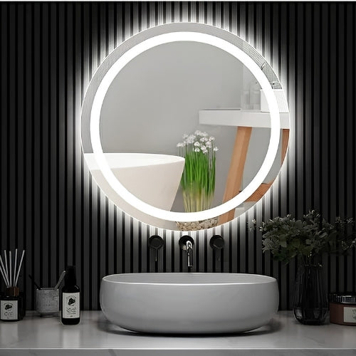60cm Beyaz Ledli Ayna, Kumlamalı Yuvarlak Banyo Aynası Dekoratif Duvar Aynası Prizli.