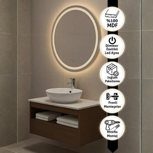 Aurora 100cm Banyo Dolabı Seti (Yuvarlak Ledli Dokunmatik Ayna + MDF Lavabo Dolabı, Seramik Lavabo)